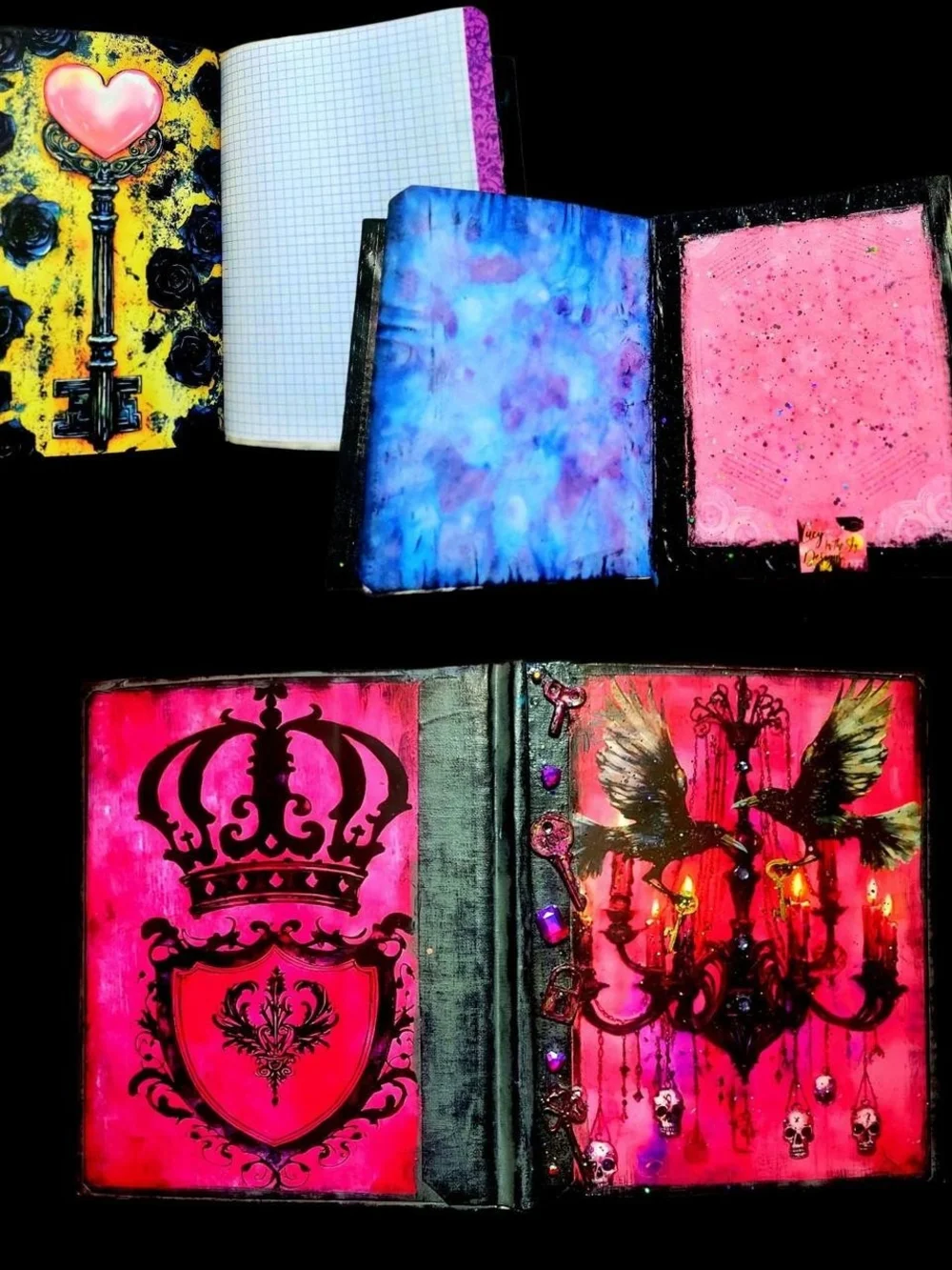 Raven's And Glitter Hot Pink Goth Whimsy Large Art Junk Journal Handmade